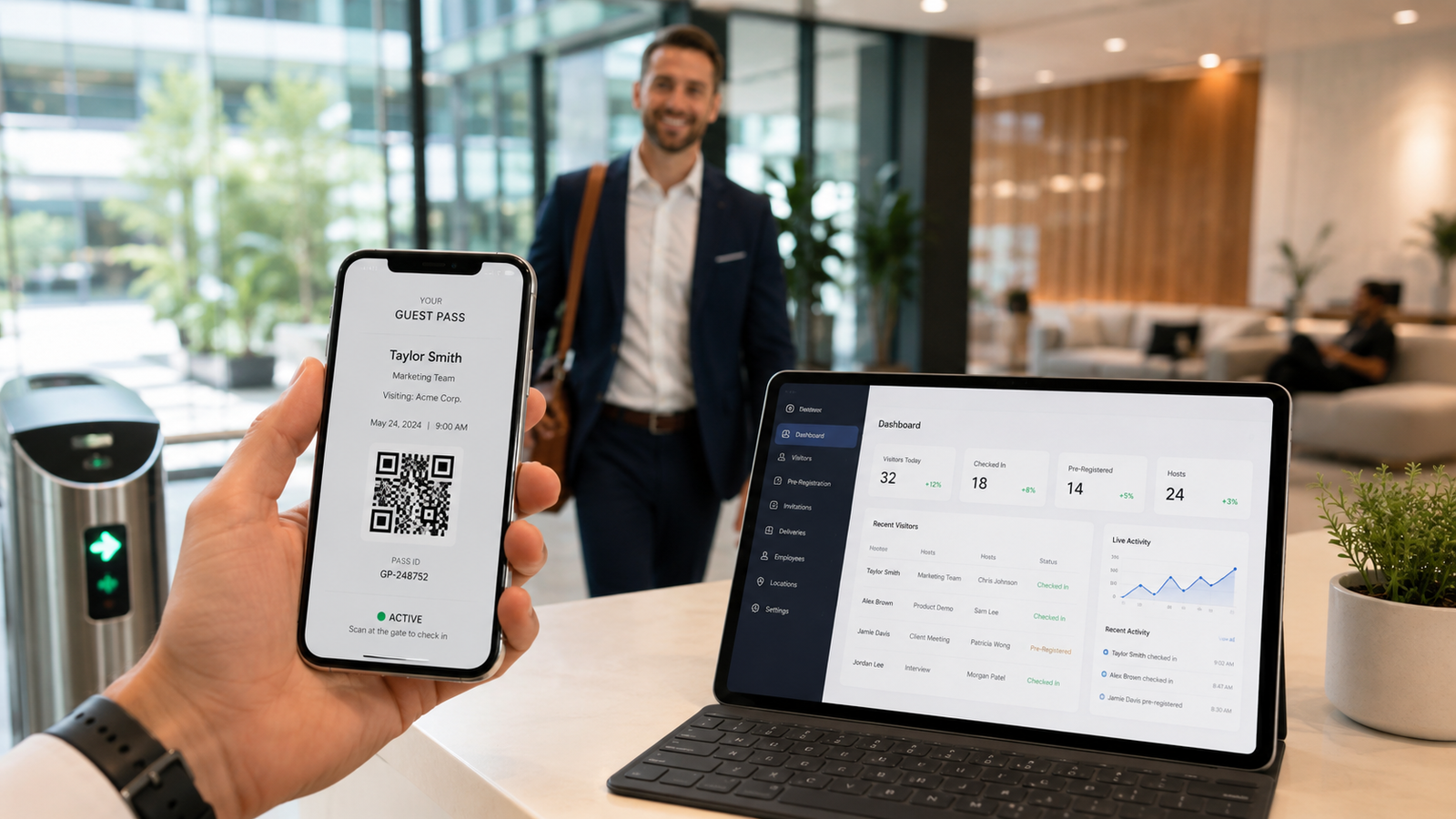 Digital guest pass app and visitor dashboard in modern lobby