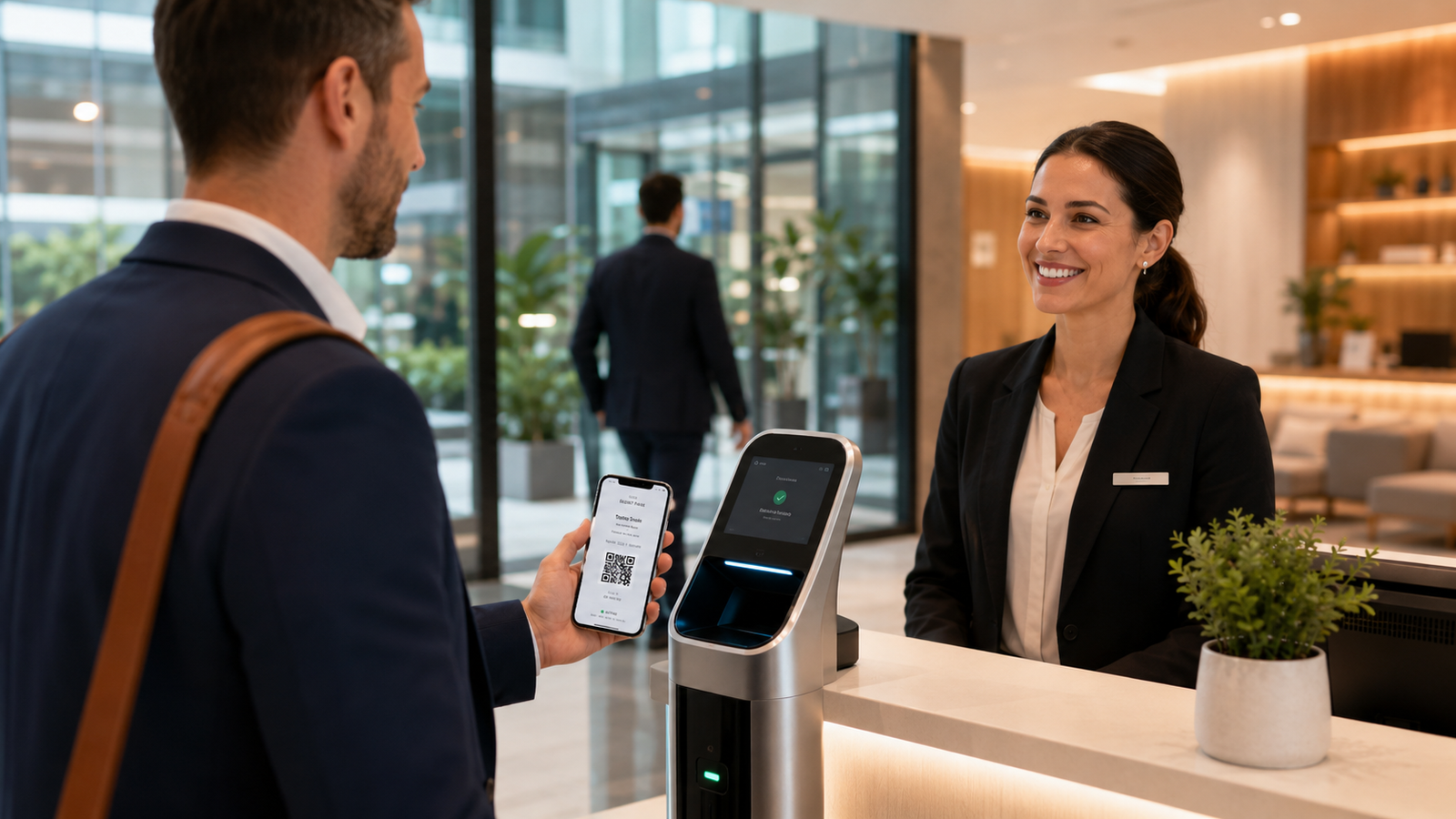Visitor scanning digital guest pass at a modern reception desk