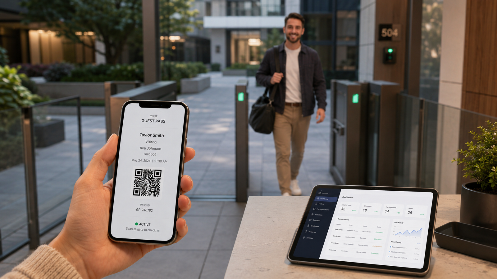 Smartphone guest pass being used at modern security gate